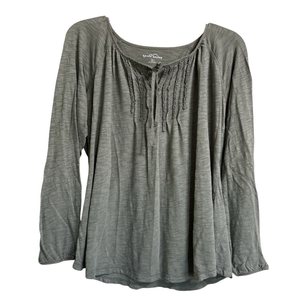 Eddie Bauer Women’s Gray Tie Neck Long Sleeve Shirt, XL